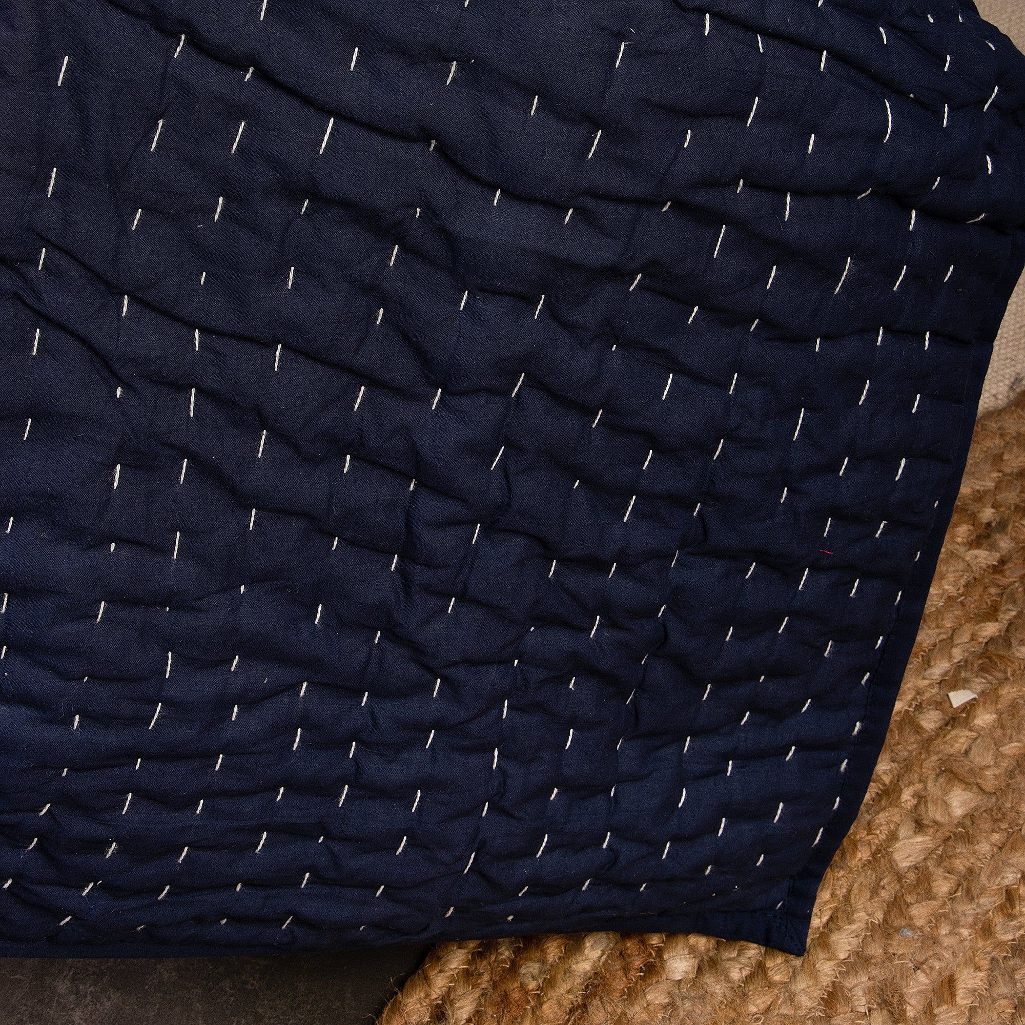 Solid Blue Cotton Kantha Blanket Quilt For Winter